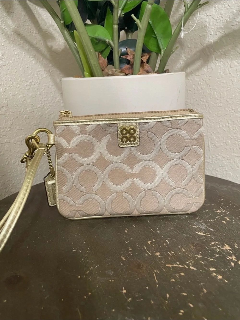 Coach OP Art Beige & Gold Wristlet Pouch